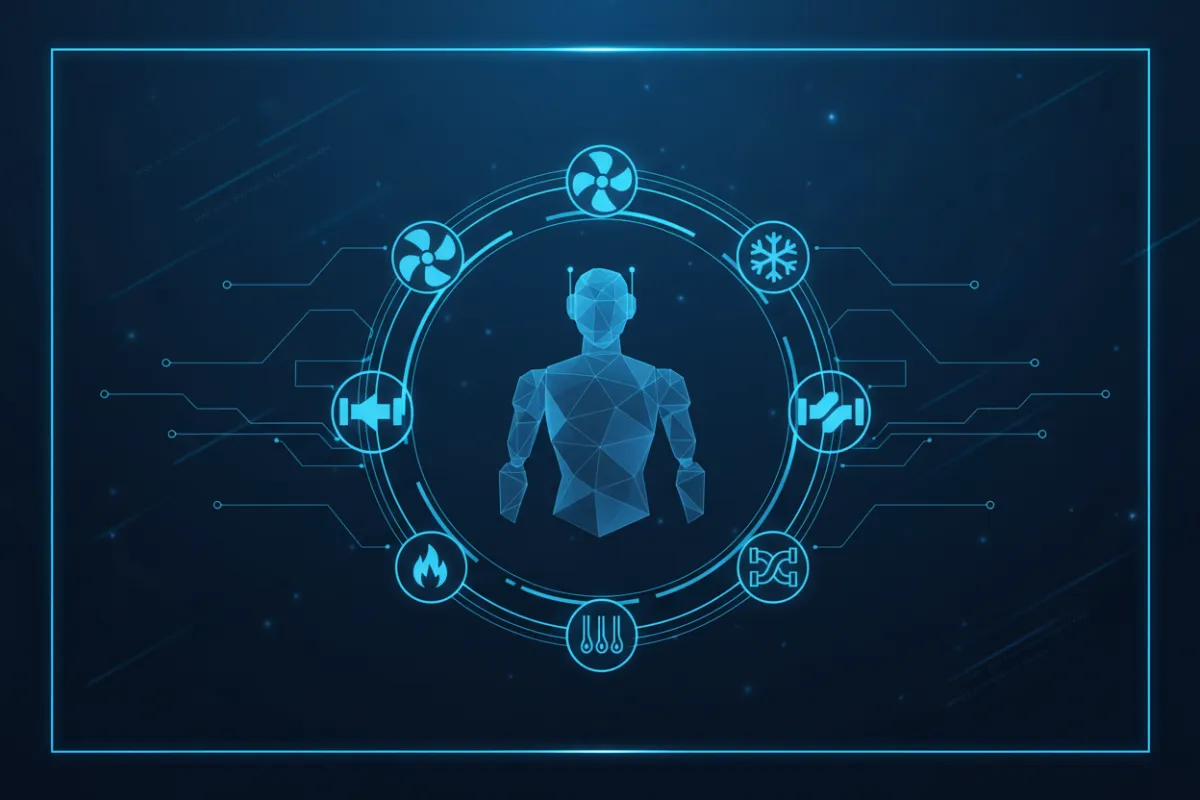 Futuristic AI receptionist interface with digital blue overlays, abstract HVAC icons, and a subtle robot silhouette, set against a tech-inspired blue/black gradient background. The composition suggests automation and efficiency, appealing to HVAC business owners.