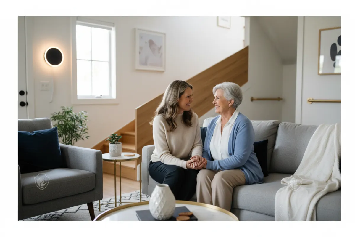 Adult child reviewing home safety checklist with aging parent