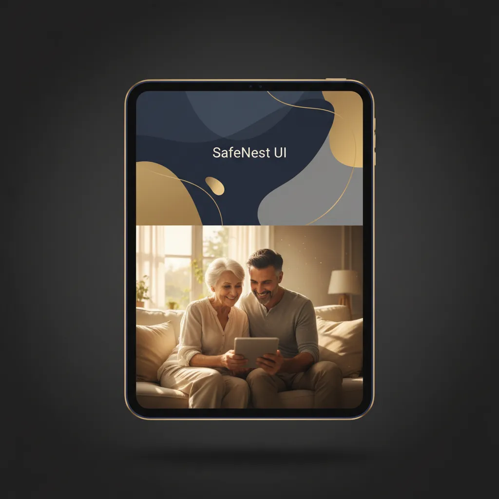 SafeNest family collaboration tablet mockup over lifestyle photo