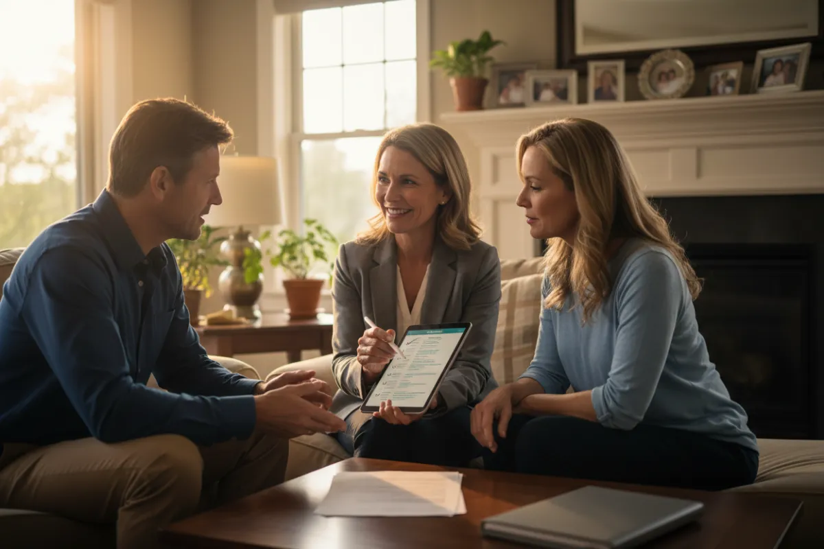 Cinematic professional home safety assessment with assessor and homeowner