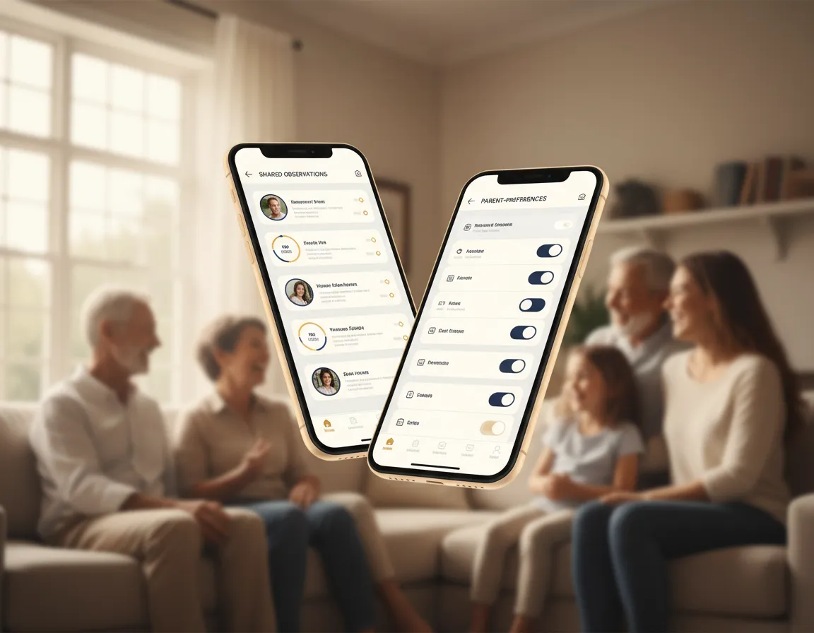 Family Collaboration Mockup showing Shared Observations and Parent Preferences screens floating over a multigenerational family photo