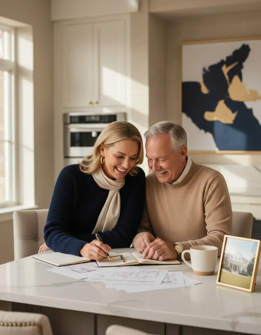 Warm, natural-lit photography of a multigenerational family collaborating on home safety planning