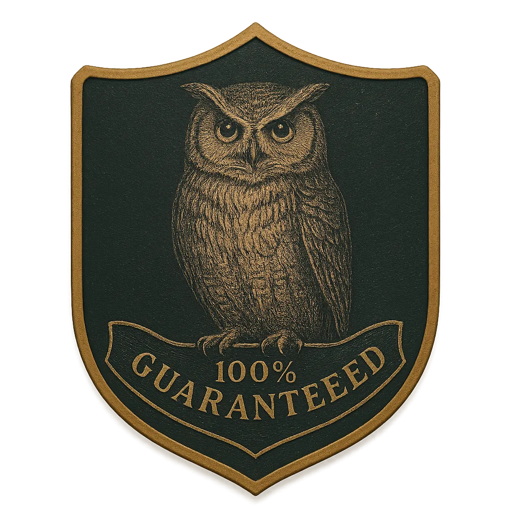 Etched owl badge graphic representing calm and wisdom