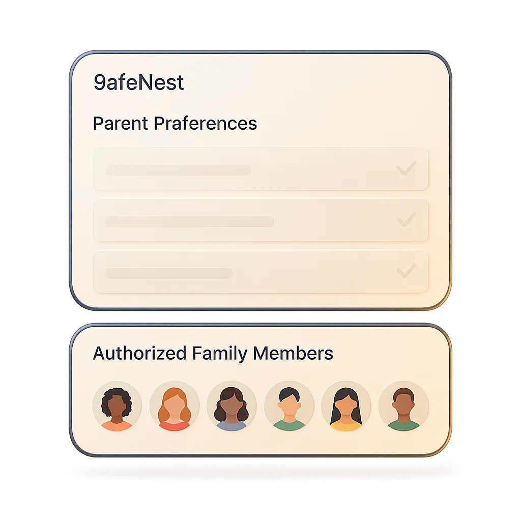 Family Collaboration Dashboard Mockup layered glassmorphism panels over blurred home diagram background
