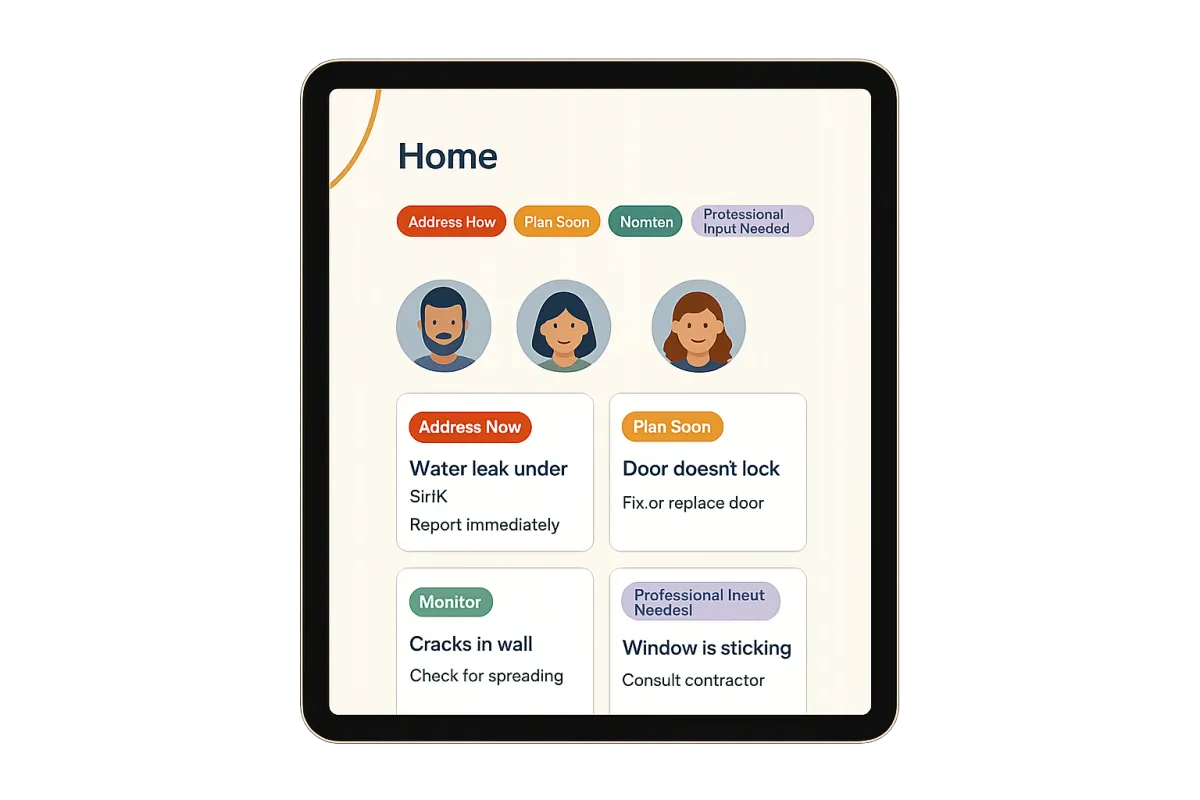 SafeNest Advisor Family Collaboration Portal Mockup showing multiple user avatars and home observations.