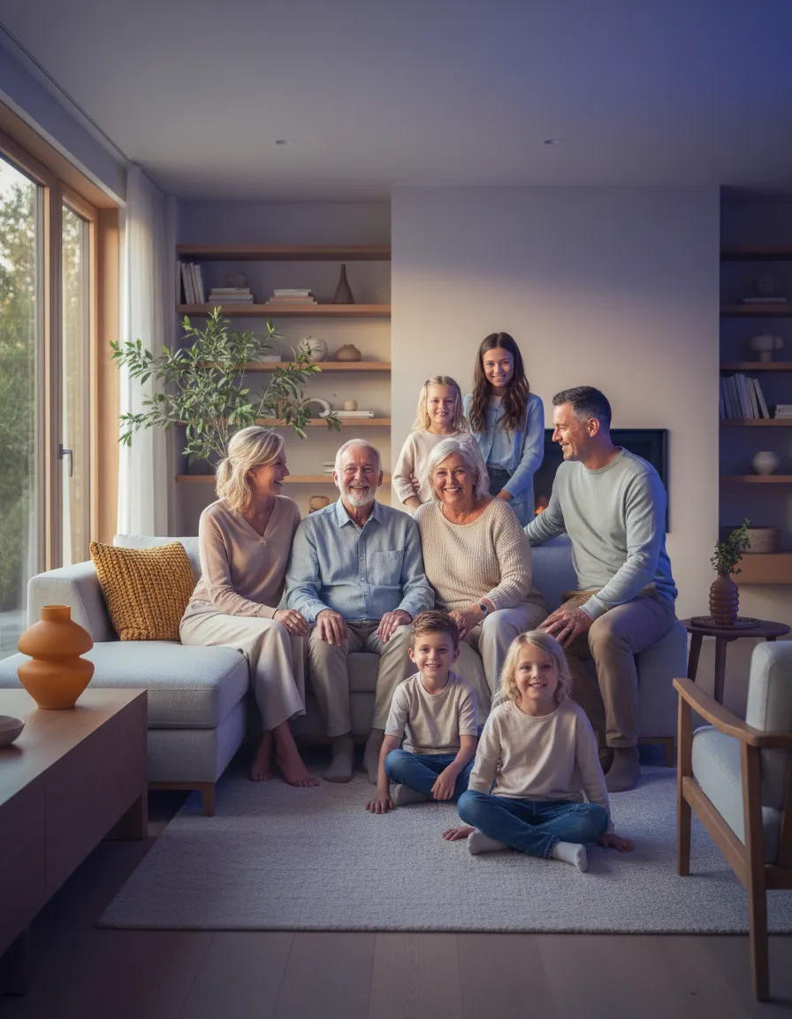 Warm lifestyle framed photo of a multigenerational family