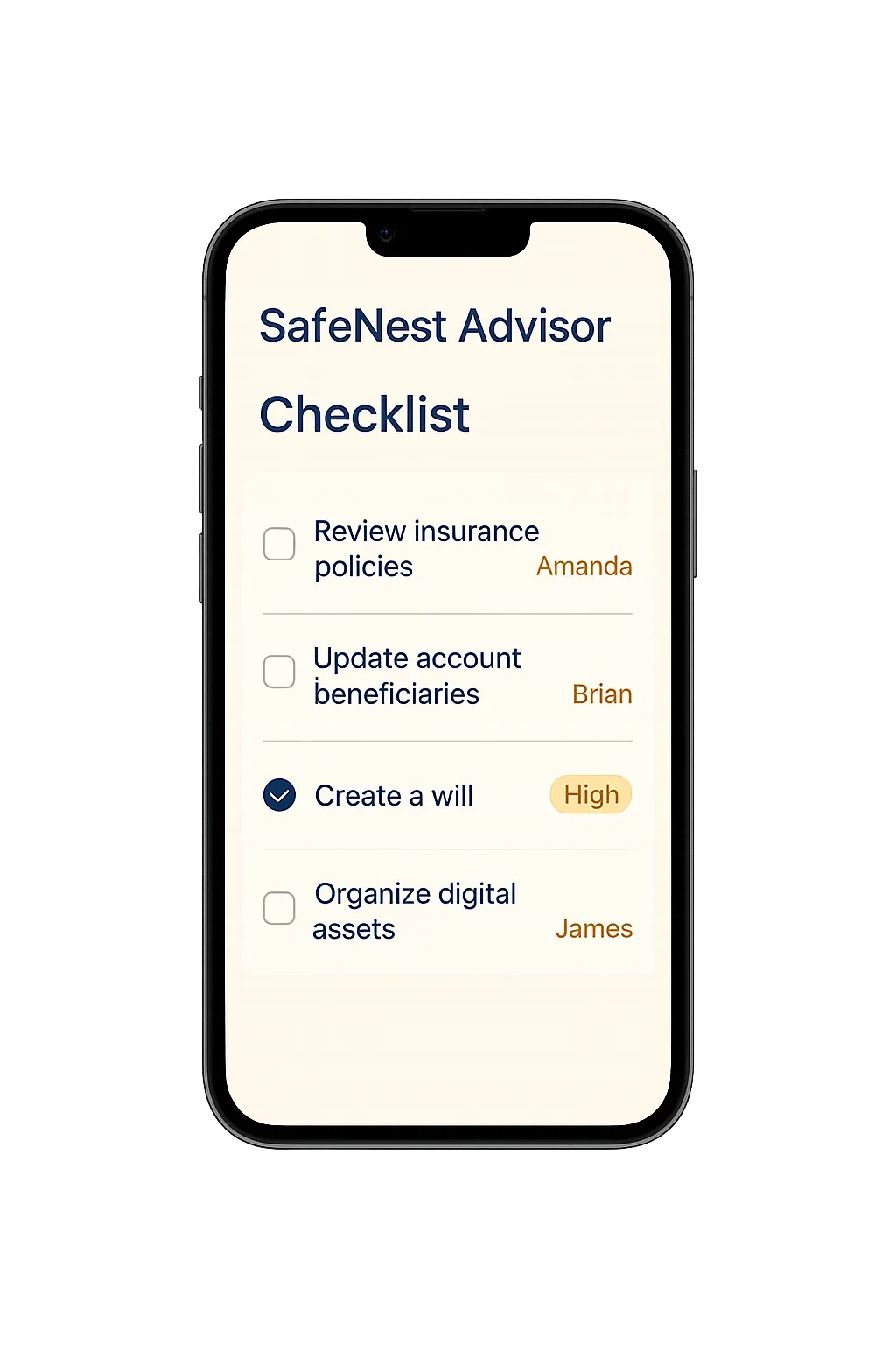 Family Collaboration Mockup - SafeNest Advisor mobile app interface for home observations
