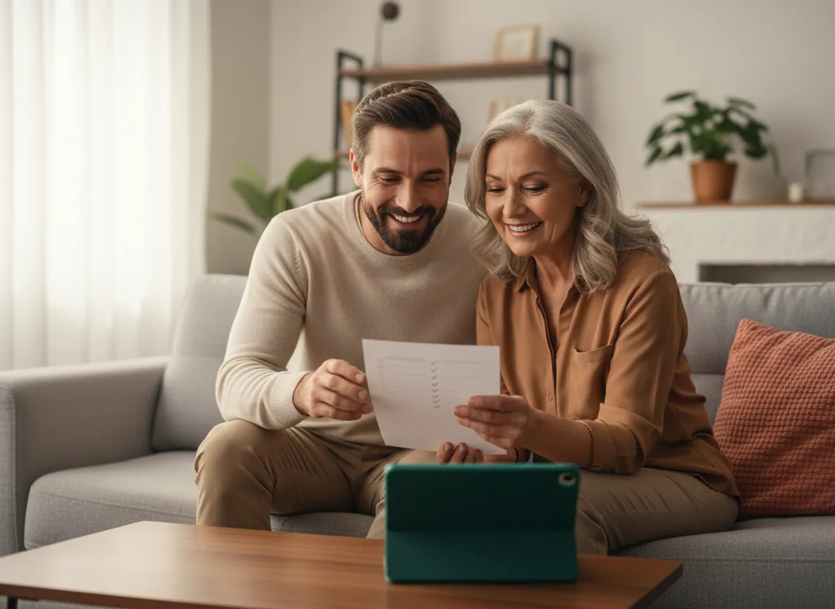 Adult child and aging parent looking at a checklist together in a well-lit home