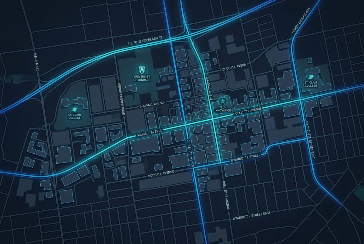 Stylized Dark Mode Map of Windsor Ontario Tech Corridor