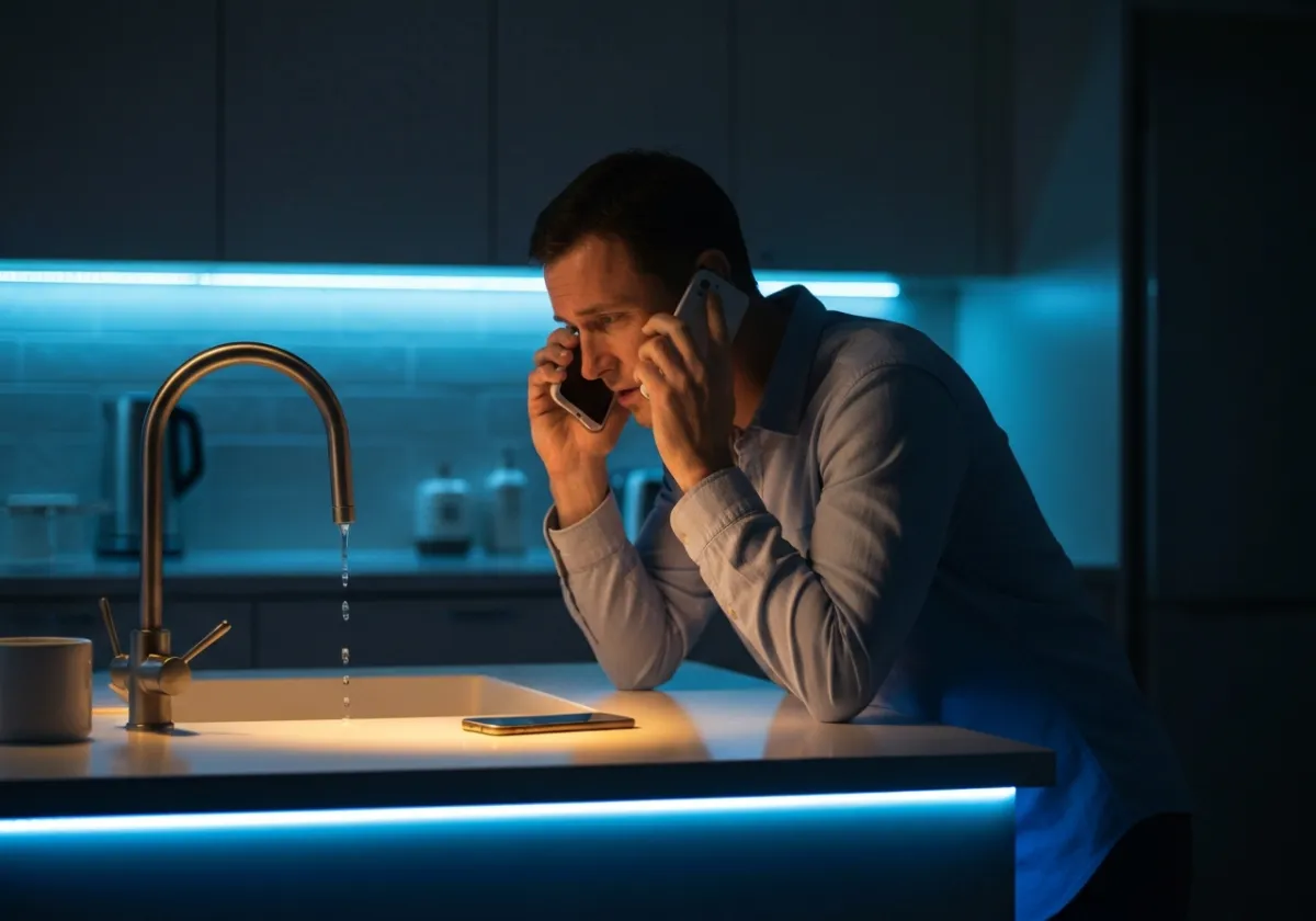 A frustrated property owner managing a late-night repair phone call