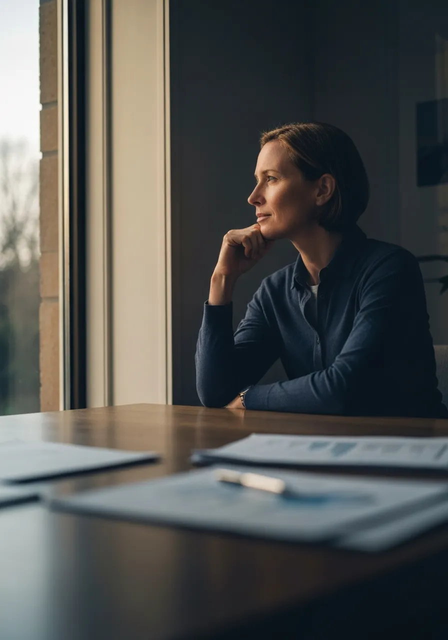 A person looking thoughtfully out a window, reflecting on financial goals