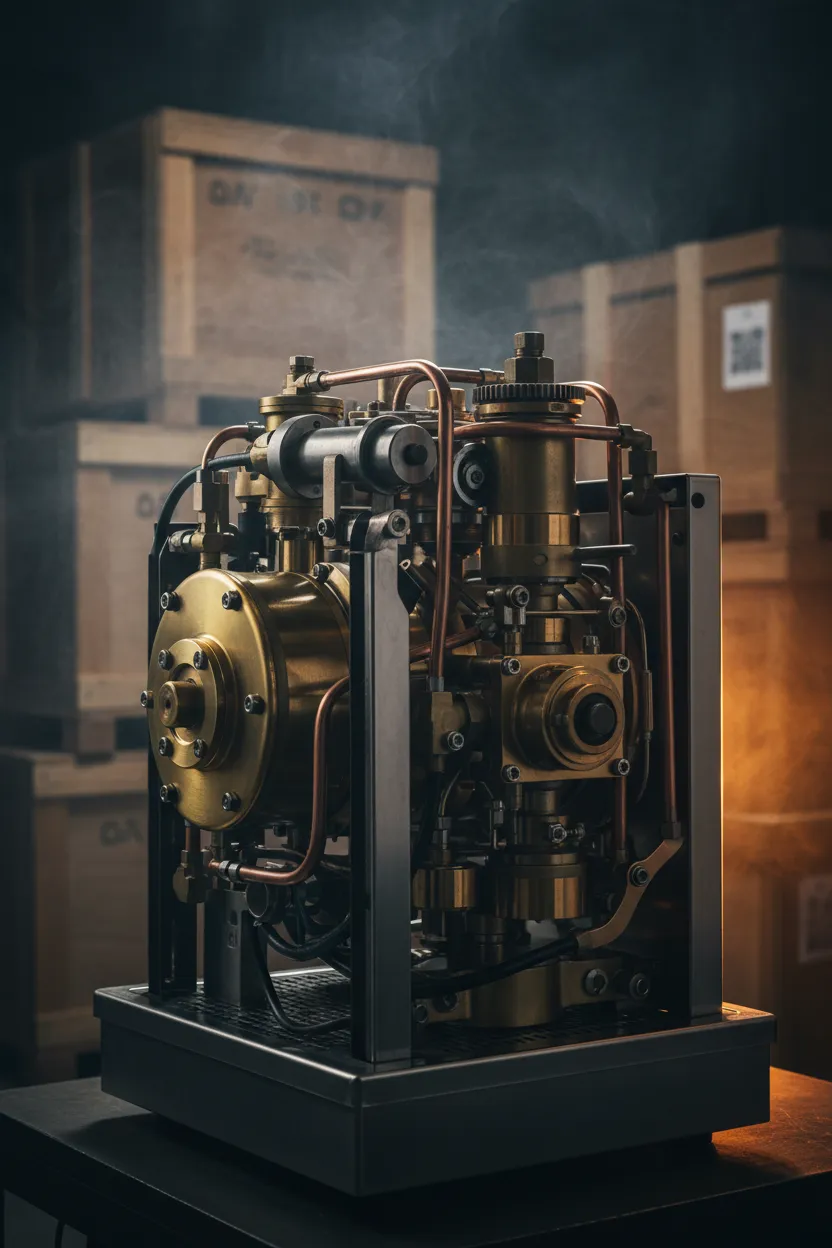 Professional espresso machine internal mechanics and industrial supply crates