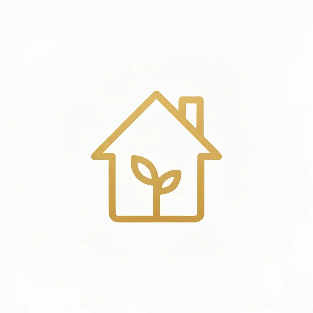 Gold line art icon depicting a simple house outline with a small leaf or plant inside