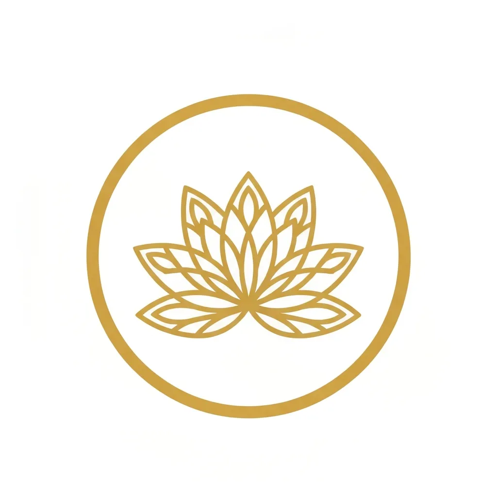Gold line art icon depicting a stylized lotus flower in a circle