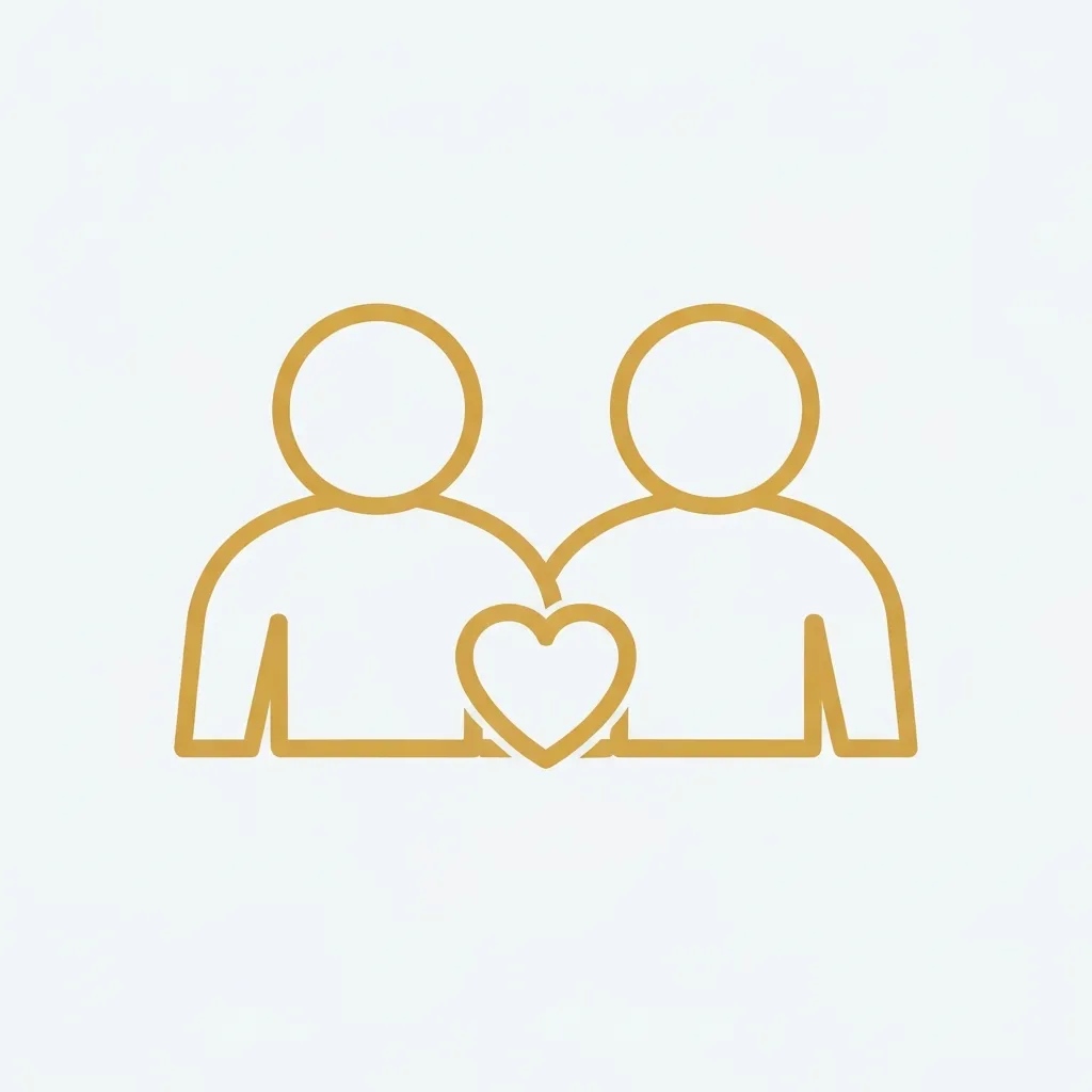 Gold line art icon depicting two simplified human figures overlapping with a small heart in front