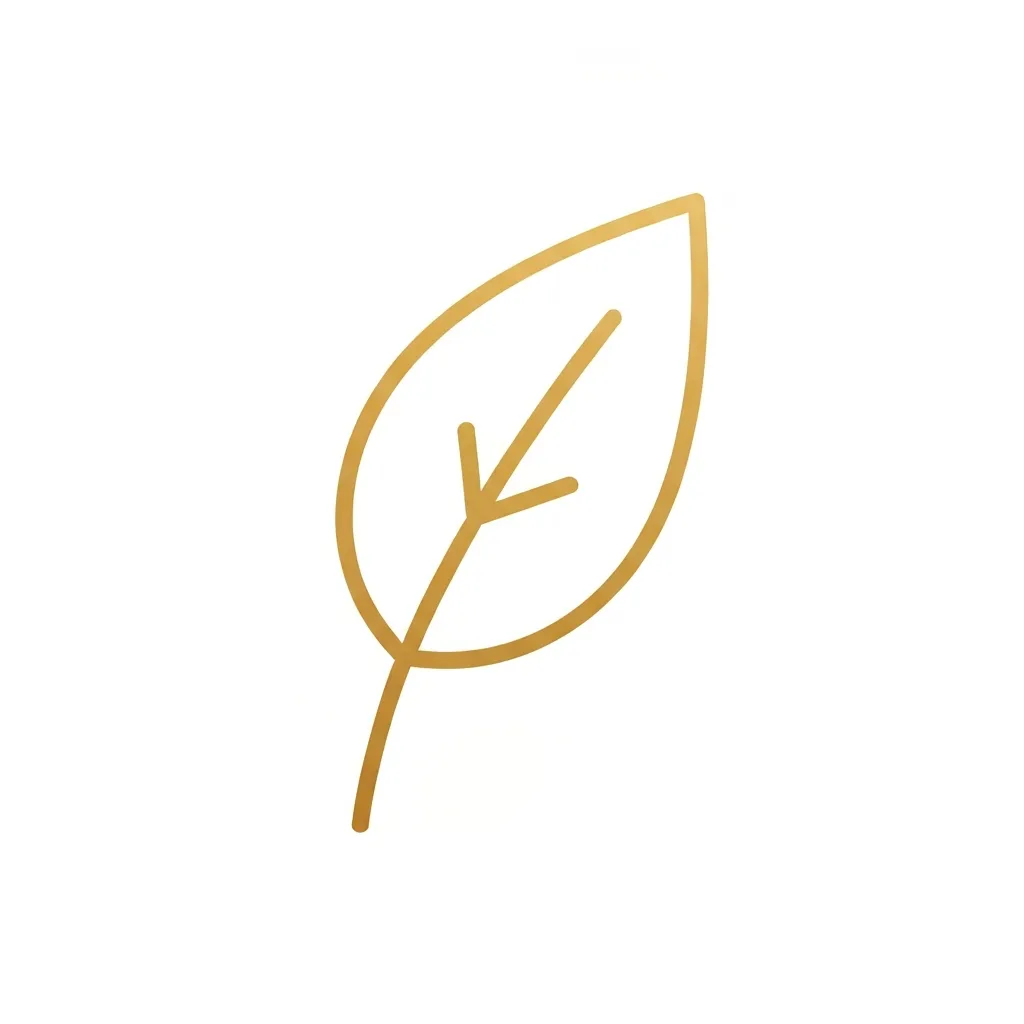 Gold line art icon depicting a single curved leaf