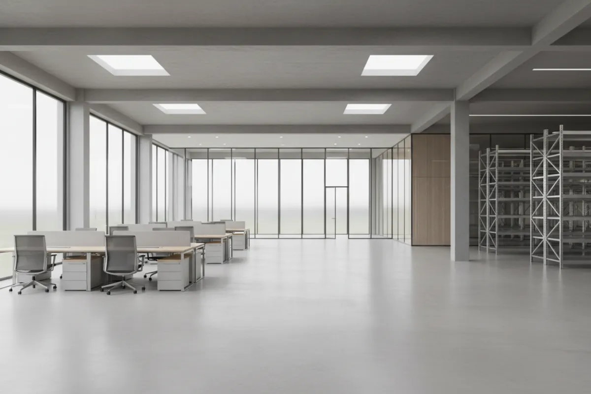 Calm commercial office interior with open desks and natural light