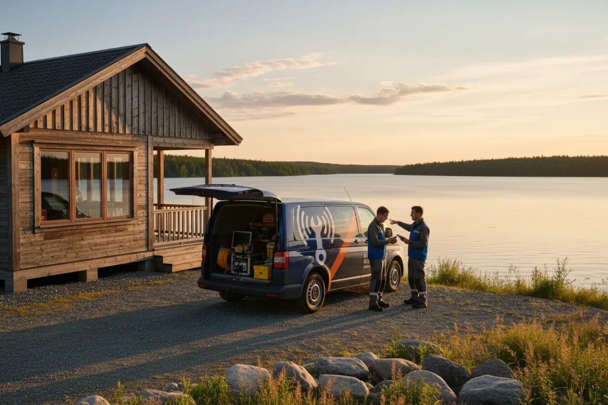 Mobile detailing van parked at a waterfront cottage with technicians preparing equipment.