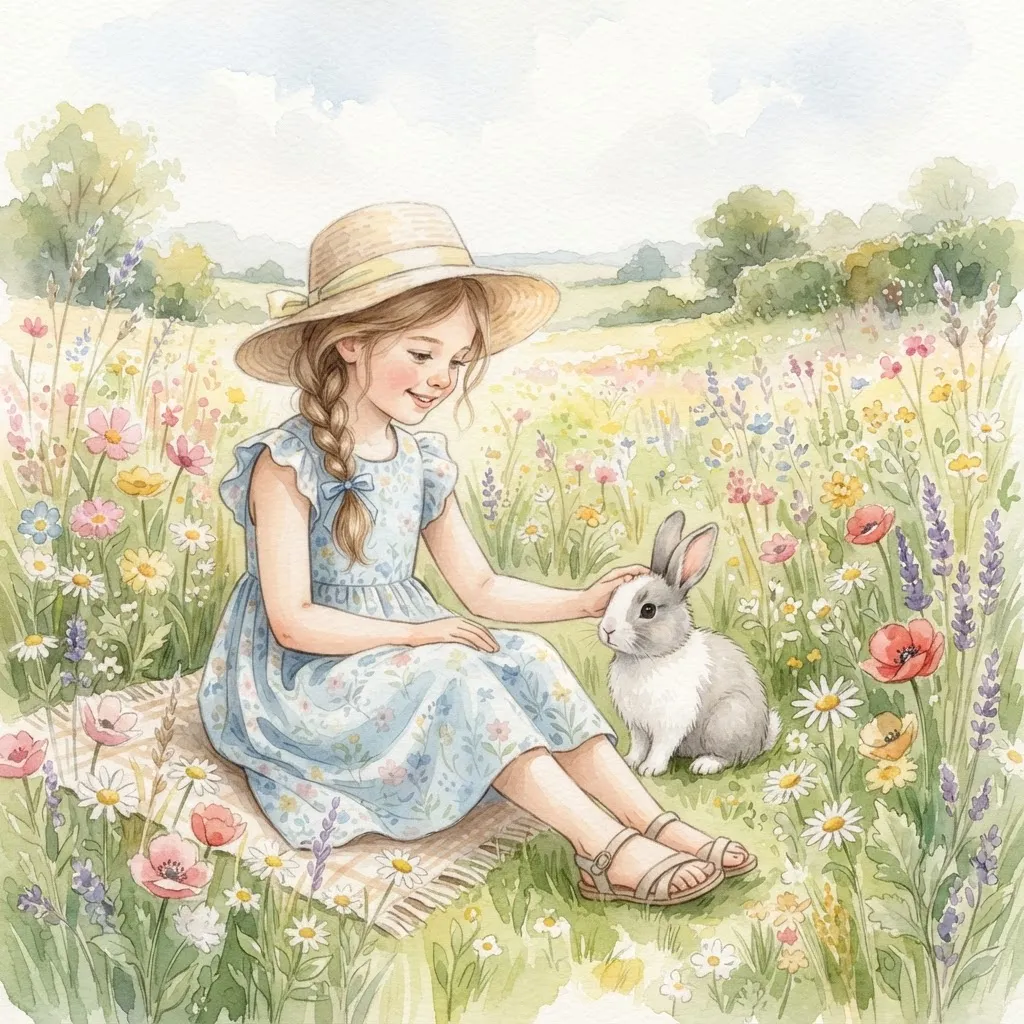 Soft watercolor illustration of a young girl in a straw hat sitting in a meadow with a bunny.