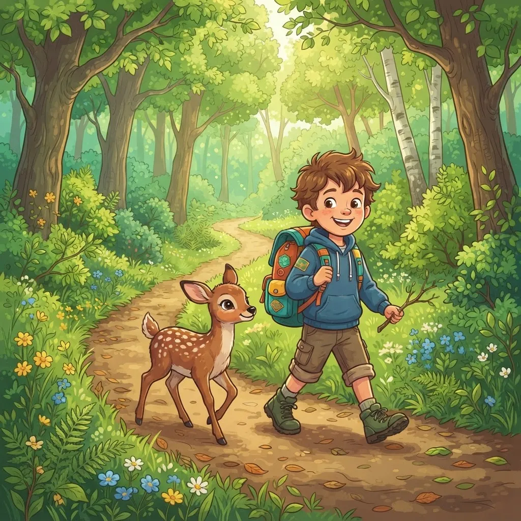 2D-style colorful illustration of a boy with a backpack walking next to a baby deer in a bright green forest.
