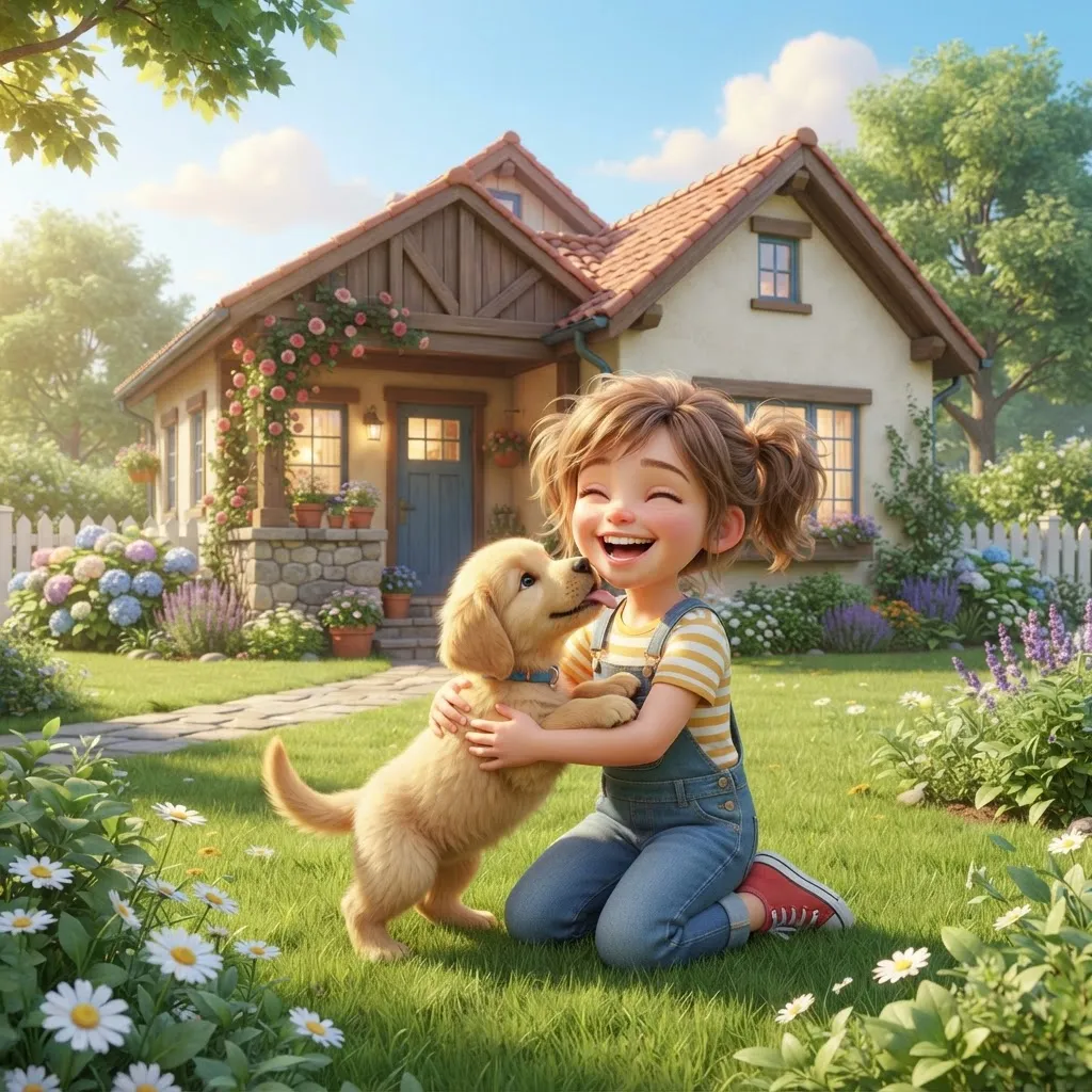 3D-style illustration of a girl with a puppy on a sunny day in front of a cozy house.