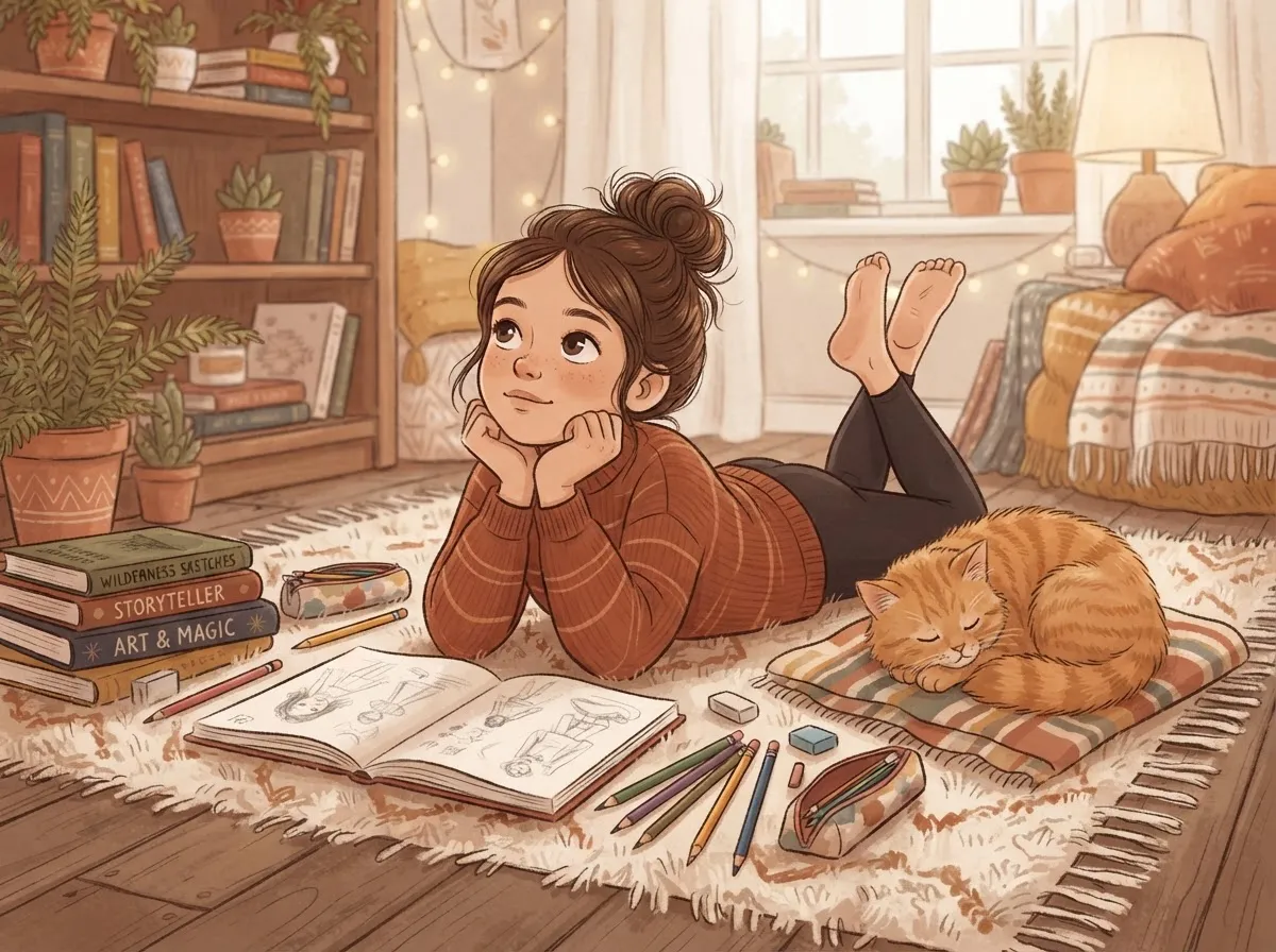 A cozy, warm-toned illustration of a young girl with her hair in a messy bun, resting her chin on her hands and looking up thoughtfully. She is lying on the floor with an open sketchbook, pencils, and books around her. A sleeping orange cat is beside her.