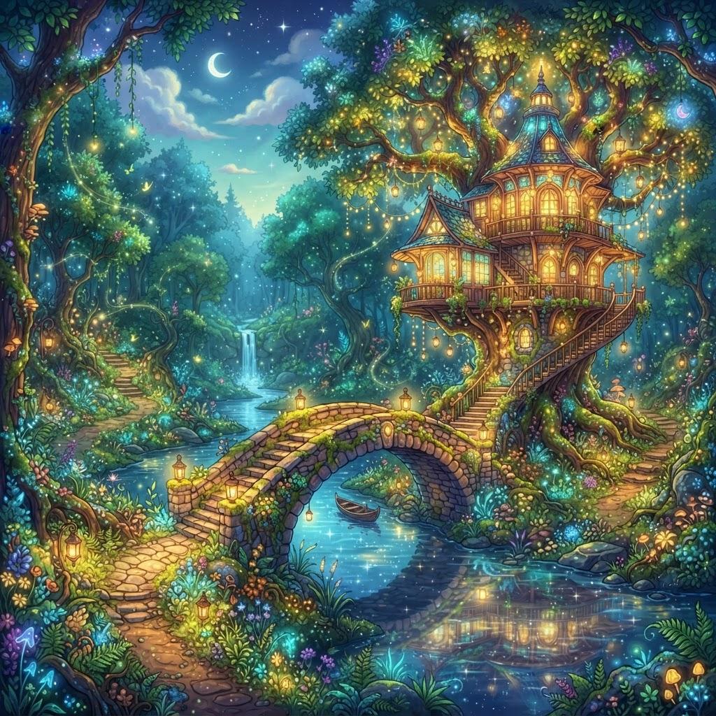 Whimsical, highly detailed, vibrant illustration of a magical glowing treehouse and a stone bridge in an enchanted forest.