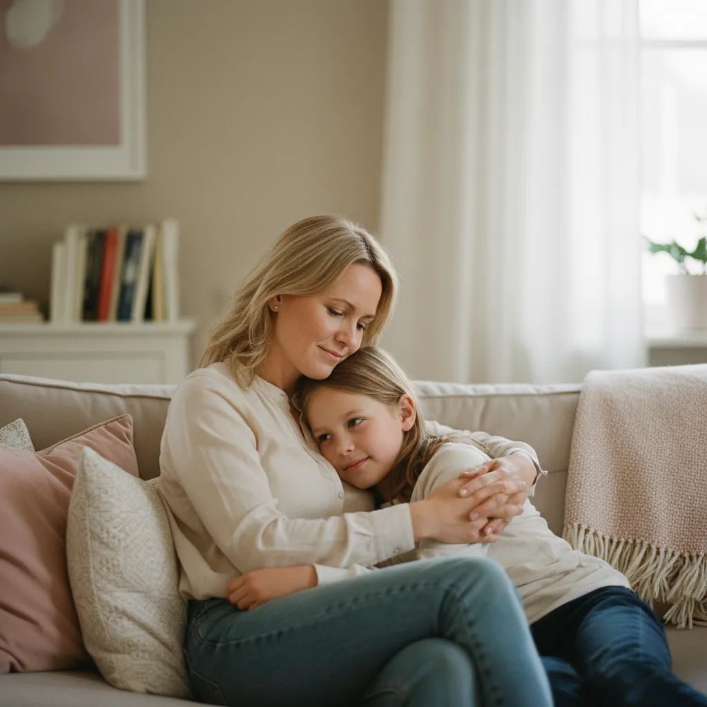 Bonusmamma kramar ett barn i en varm hemmamiljö