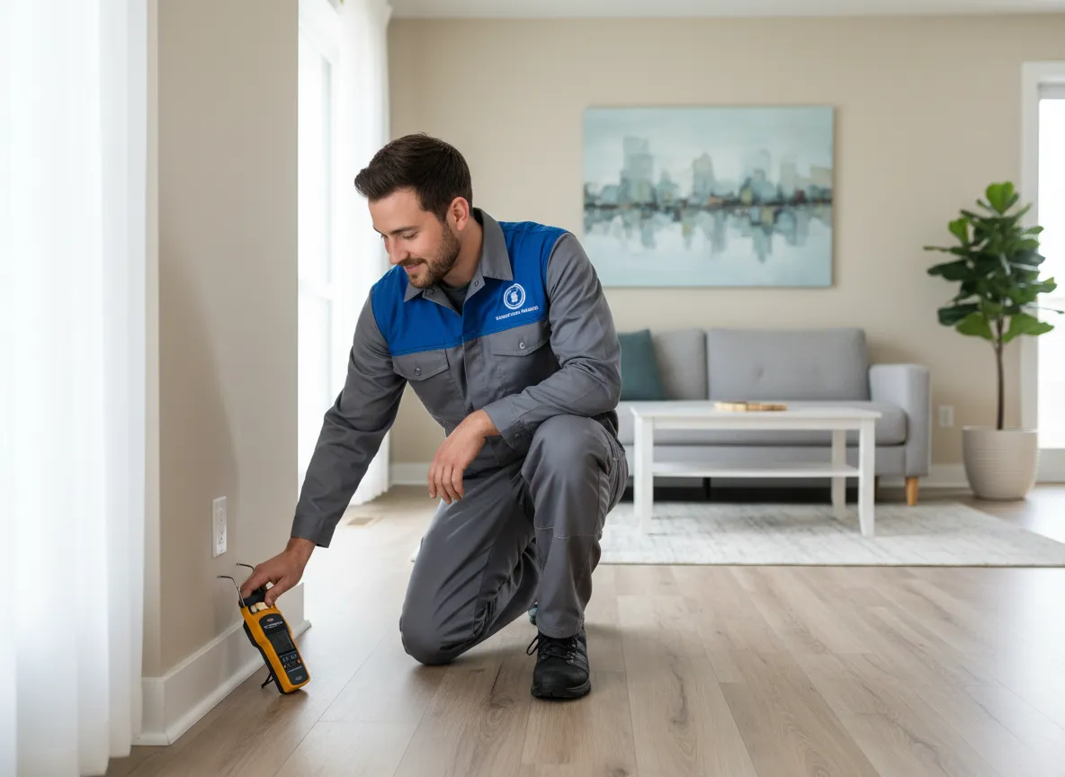 Technician performing water damage restoration in a modern bright home
