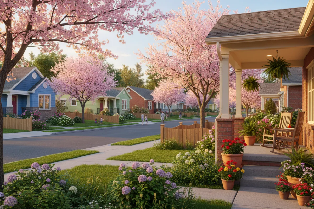 Sunlit neighborhood street with homes and blooming trees showcasing curb appeal.