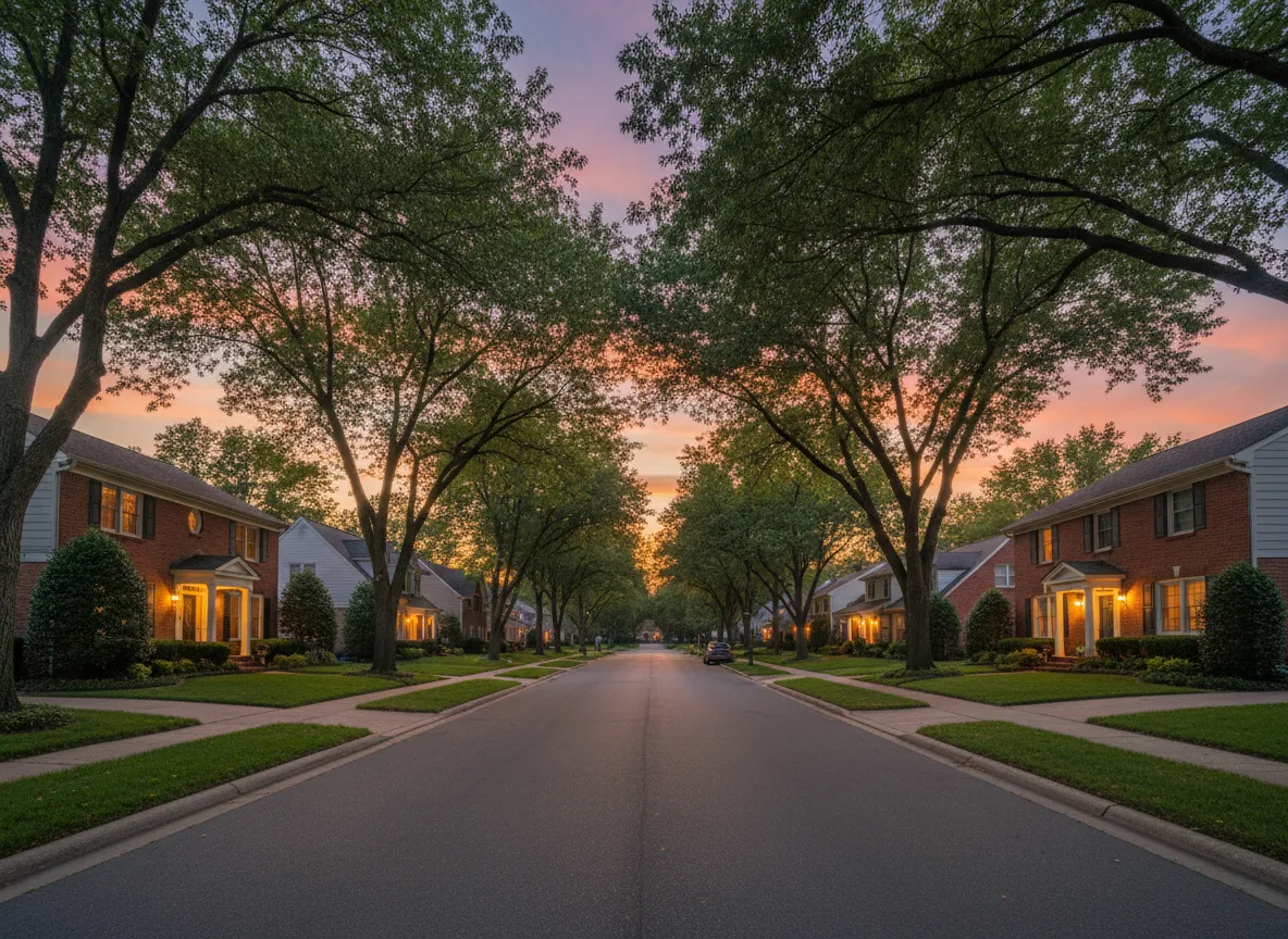 Cozy neighborhood street with warm, welcoming homes at sunset