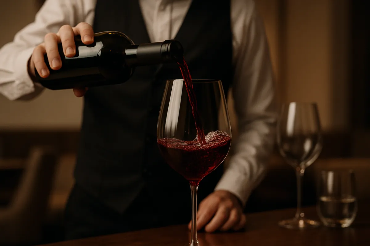 Close-up of a sommelier pouring a glass of red wine in ambient light