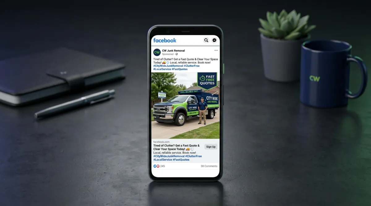 Localized Facebook ad campaign mockup showing junk removal truck and rapid quote offer