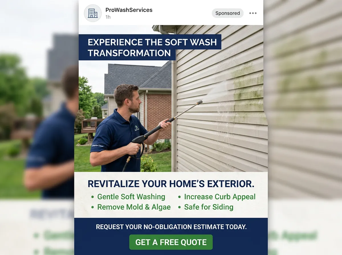 Facebook/Instagram ad mockup for house washing / soft washing pressure washing lead generation