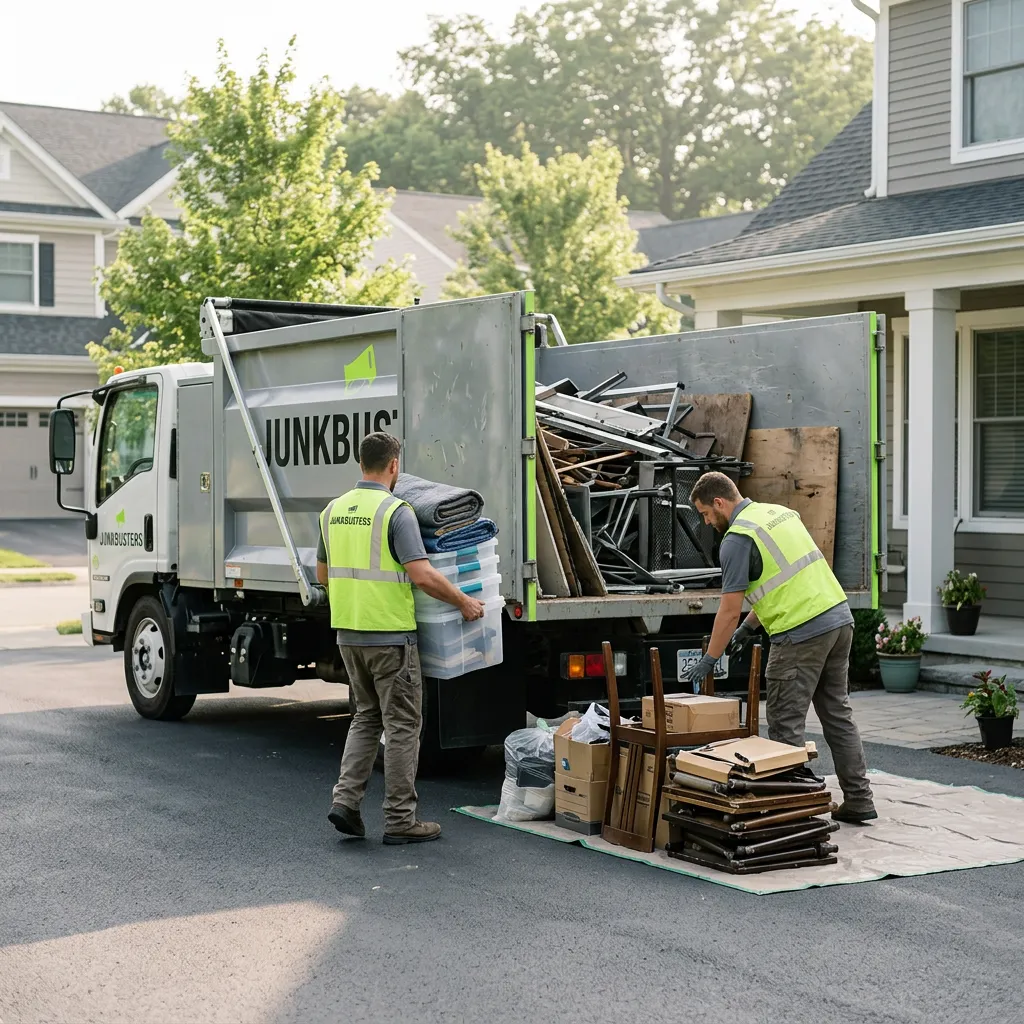 Commercial junk removal dump truck and team staging equipment on a residential property cleanup site