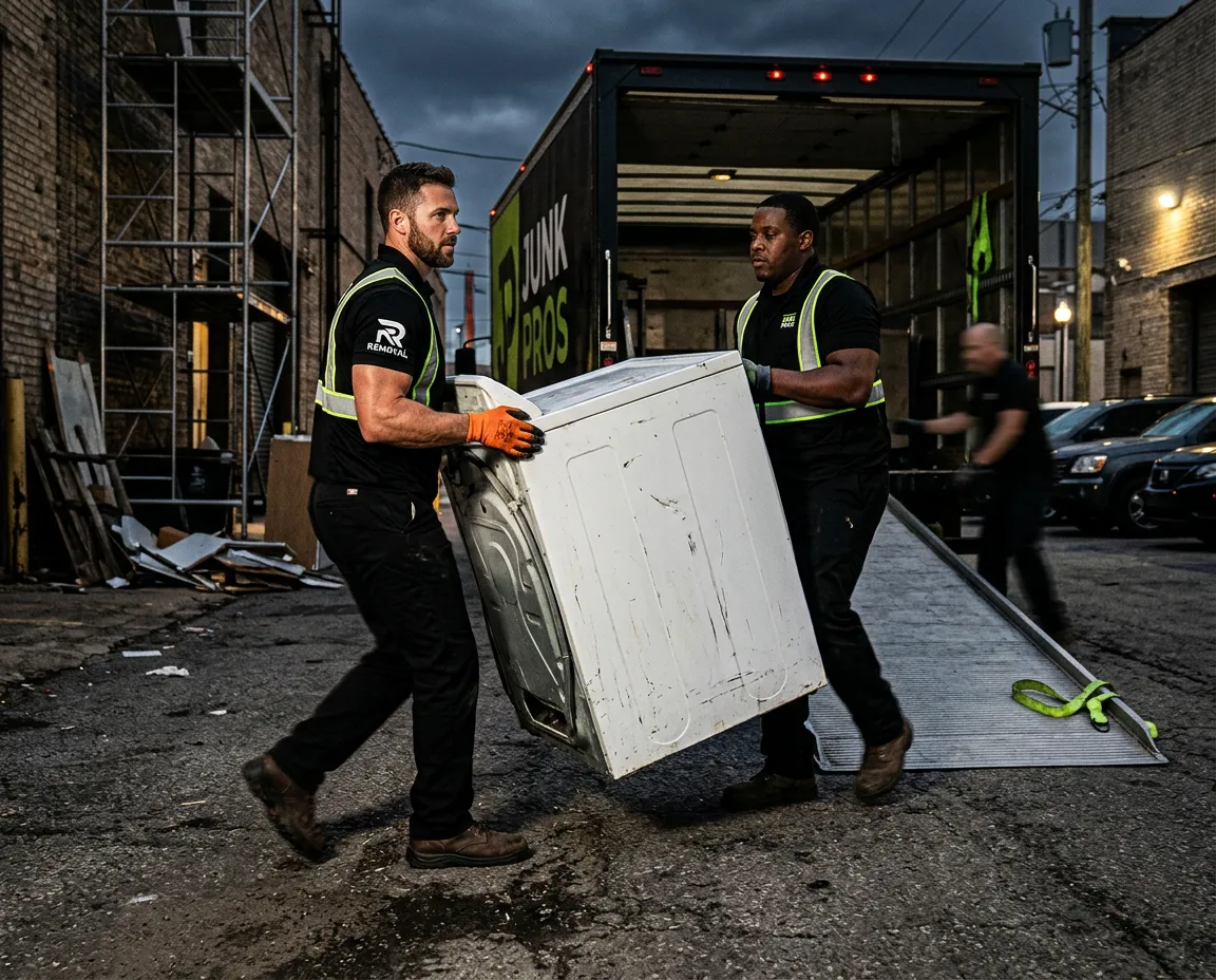 Professional junk removal crew loading high-volume box truck with heavy construction debris