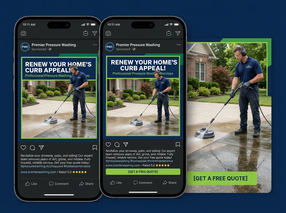 Facebook/Instagram ad mockup for driveway cleaning pressure washing lead generation
