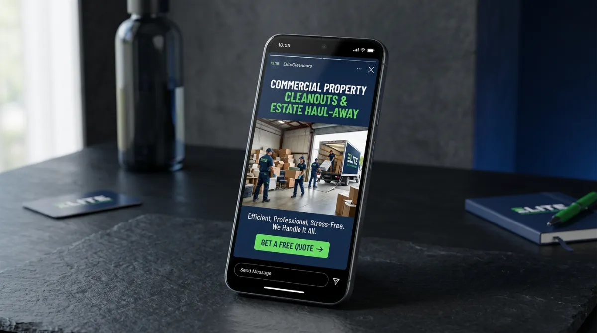 Instagram Story ad campaign mockup for commercial property cleanouts and estate haul away