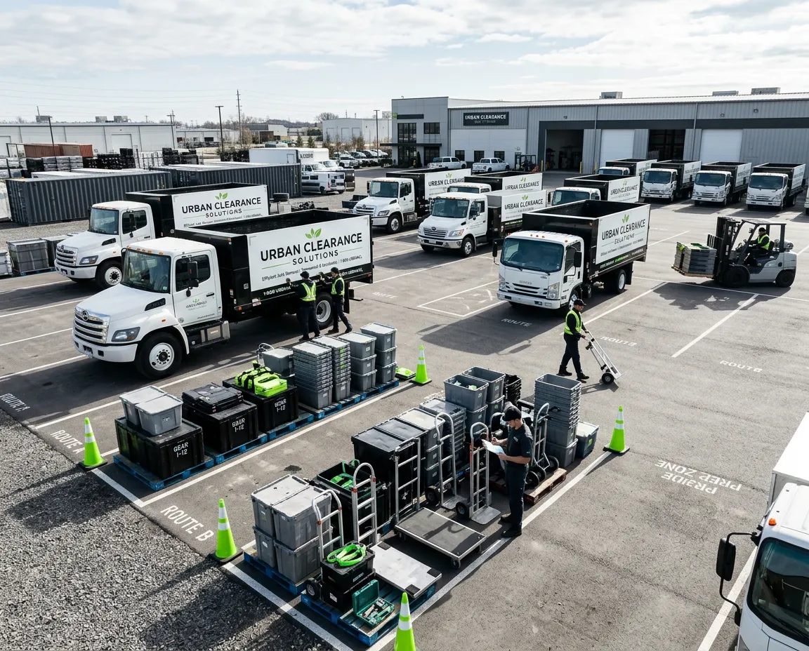 Commercial junk removal fleet and equipment staging ready for route optimization