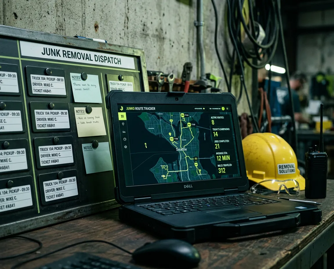 Industrial dispatch board and campaign analytics monitoring junk removal operational zones