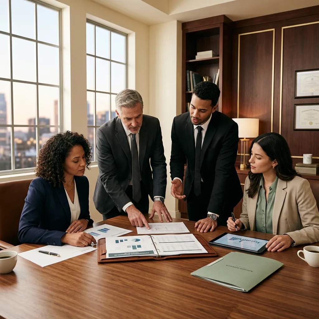 Executive financial advisors reviewing commercial business portfolio inside modern boardroom