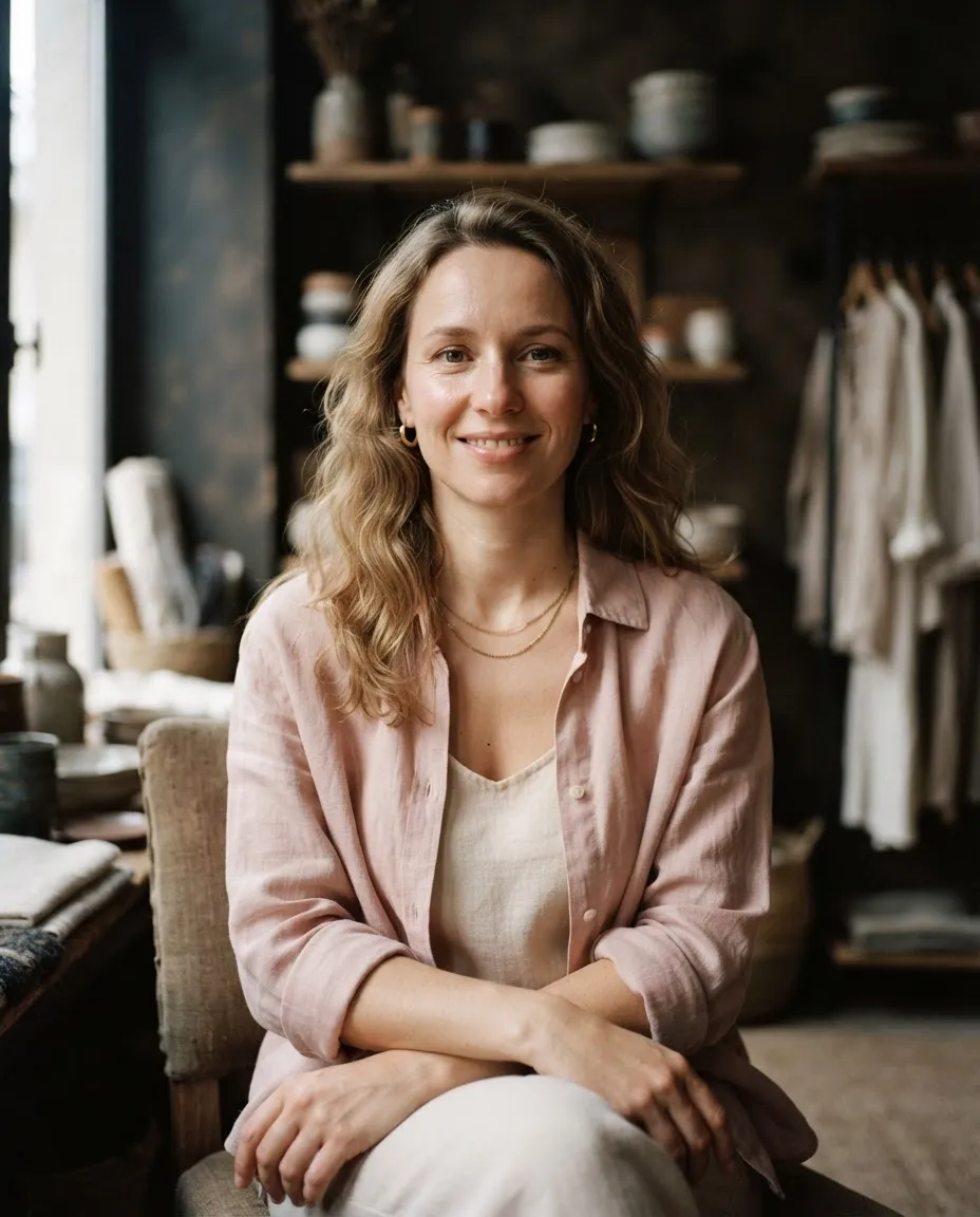 Anny, founder of Aspire Wellness Boutique, in a warm and naturally lit studio