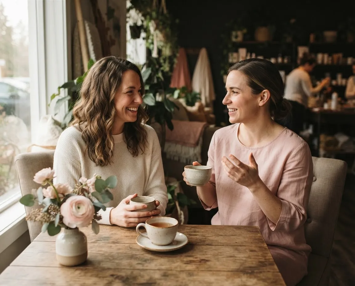 A warm lifestyle portrait capturing gentle, reassuring conversation over tea in a serene wellness studio