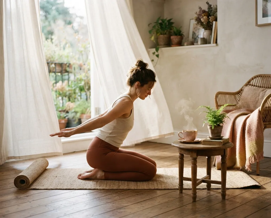 A serene lifestyle scene featuring gentle morning stretches and warm tea in soft daylight