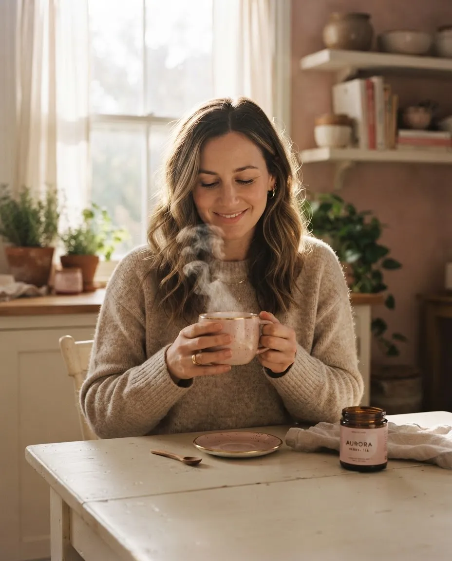 Serene woman savoring herbal tea in warm morning sunlight at Aspire Wellness Boutique