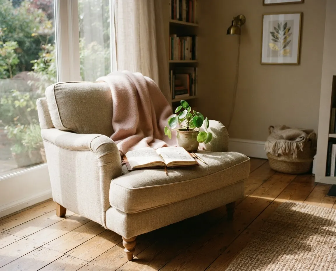 A tranquil lifestyle photo of a sunlit living room with comfortable yoga mats, journals, and botanicals