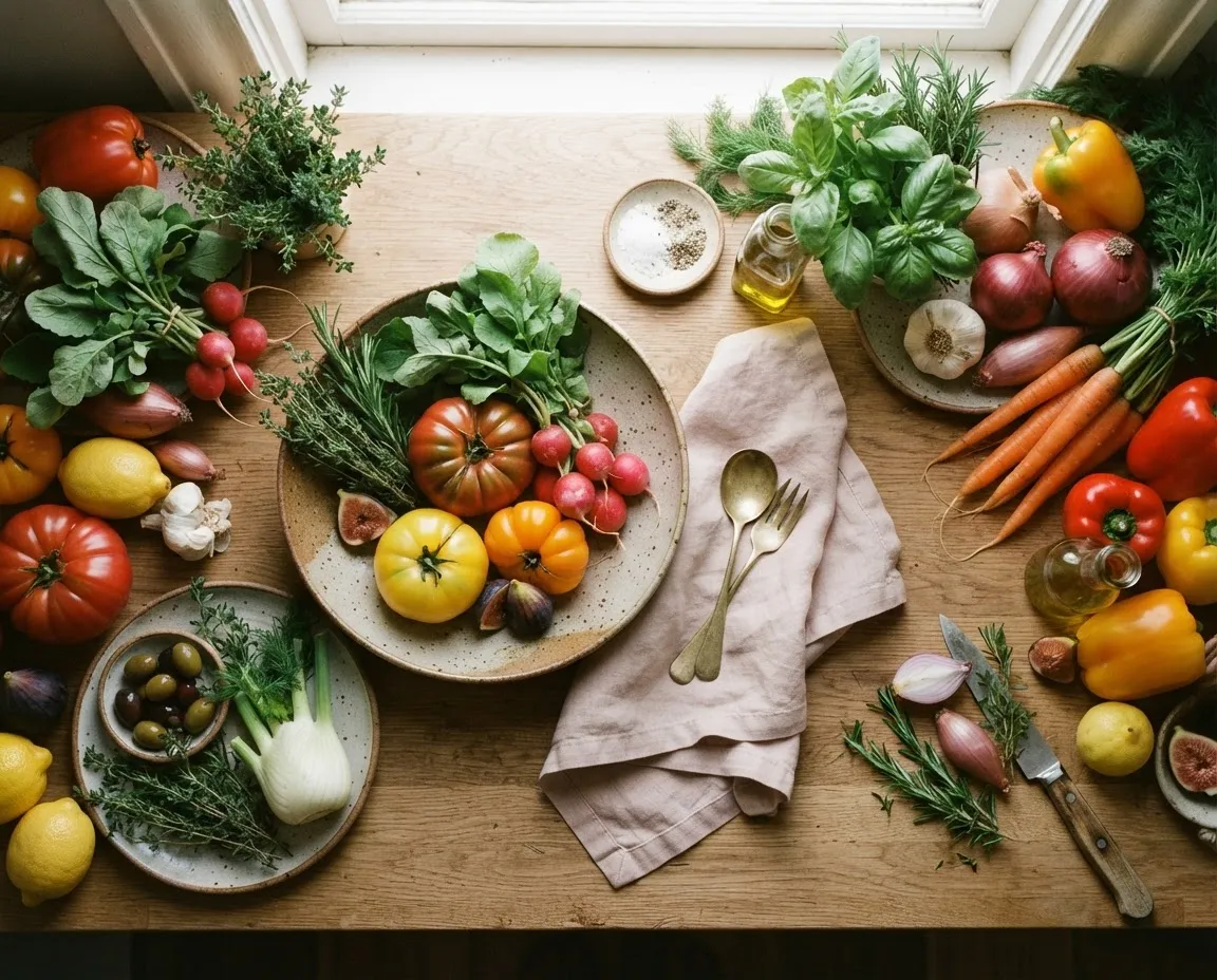 A warm, natural flat lay of fresh organic produce, herbs, and wholesome ingredients arranged artfully on ceramic plates