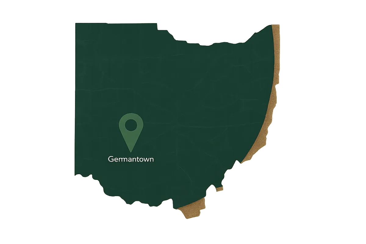 Stylized map showing Ohio Clear Cut LLC service area in Southwest Ohio including Germantown