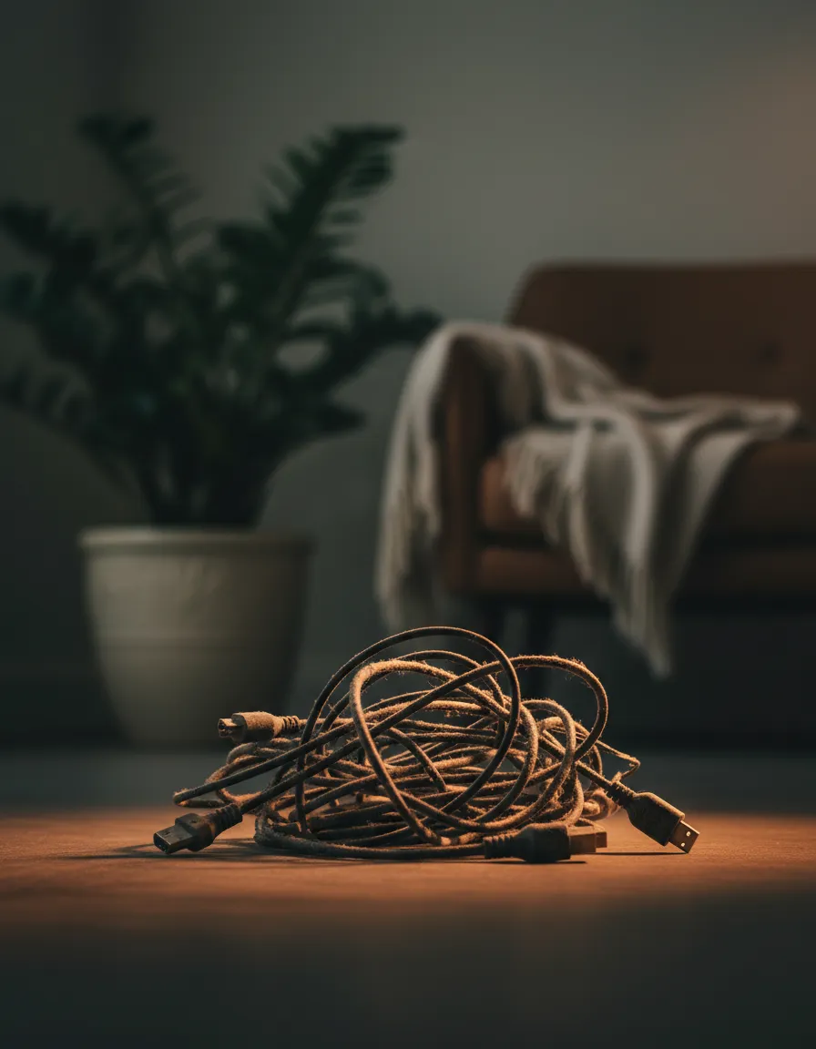 A tangled, dusty cord in the corner of a living room