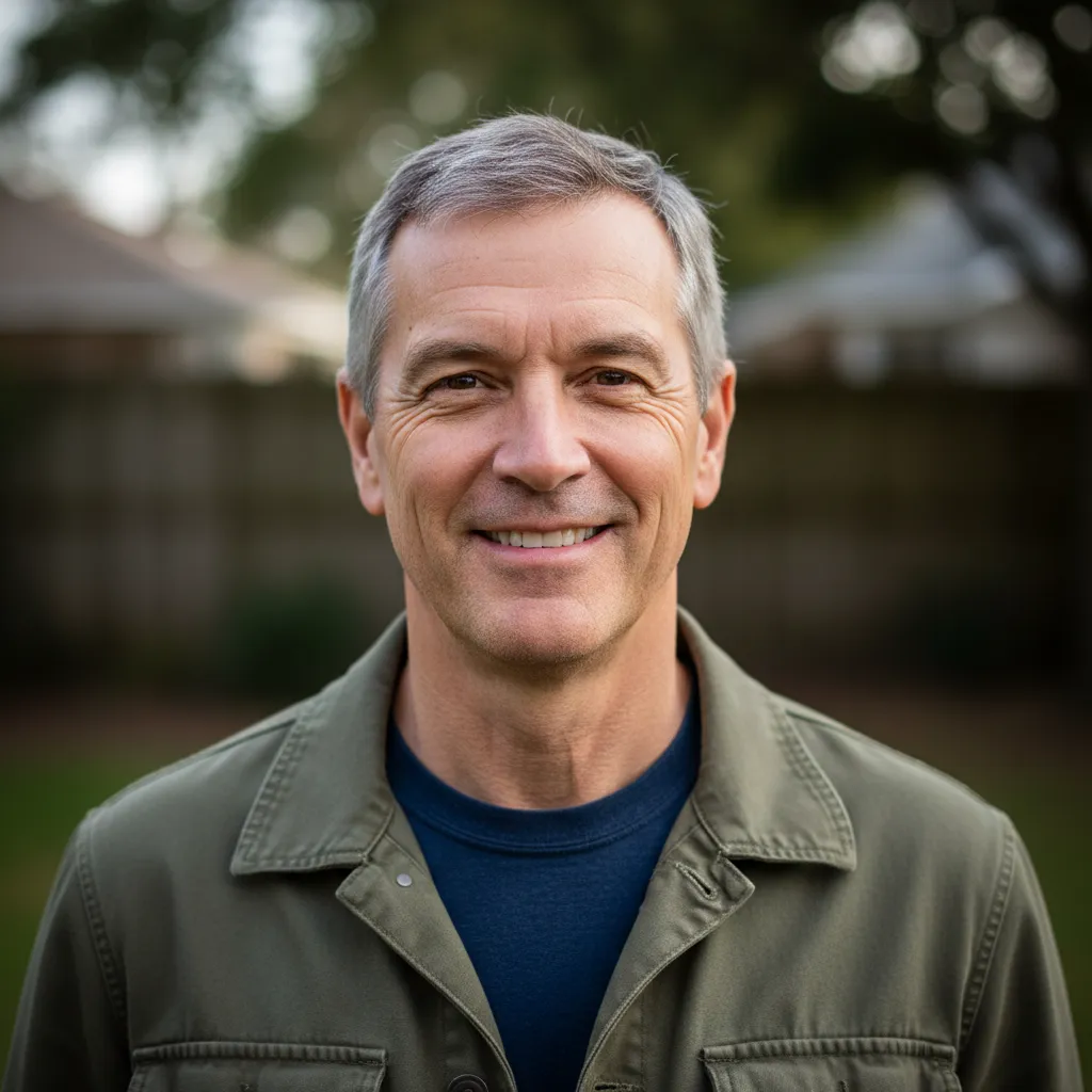Portrait of Marc, mid-50s, outdoors in daylight, casual jacket, friendly expression; square 1:1 avatar style to show a local homeowner testimonial.